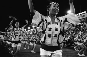 Japanese women and girls dance Awaodori, dance festival in Tokushima, Shikoku.
