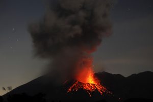Eruption of Sakurajima volcano at night, Kagoshima.