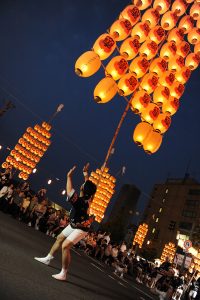 Hundreds of Japanese lanterns are lighted up during Kanto Festival in Akita, Japan