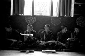 Young Tibetan Buddhist monks chant sutra in Shechen Monastery in Kathmandu, Nepal.
