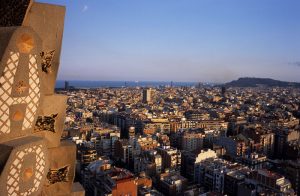 Sagrada Familia is Gaudí most representative work. Here a view of Barcelona from one tower.