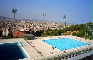 A swimming pool with the overview of Barcelona in Montjuic, Barcelona, Spain.